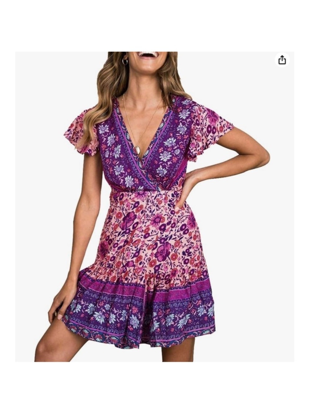 Flutter Sleeve V-Neck Wrap Mini Dress in Purple and Pink NWT